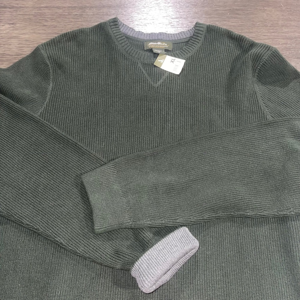 Eddie Bauer Mens XL Tall Green Ribbed Cotton Crewneck Sweater NWT